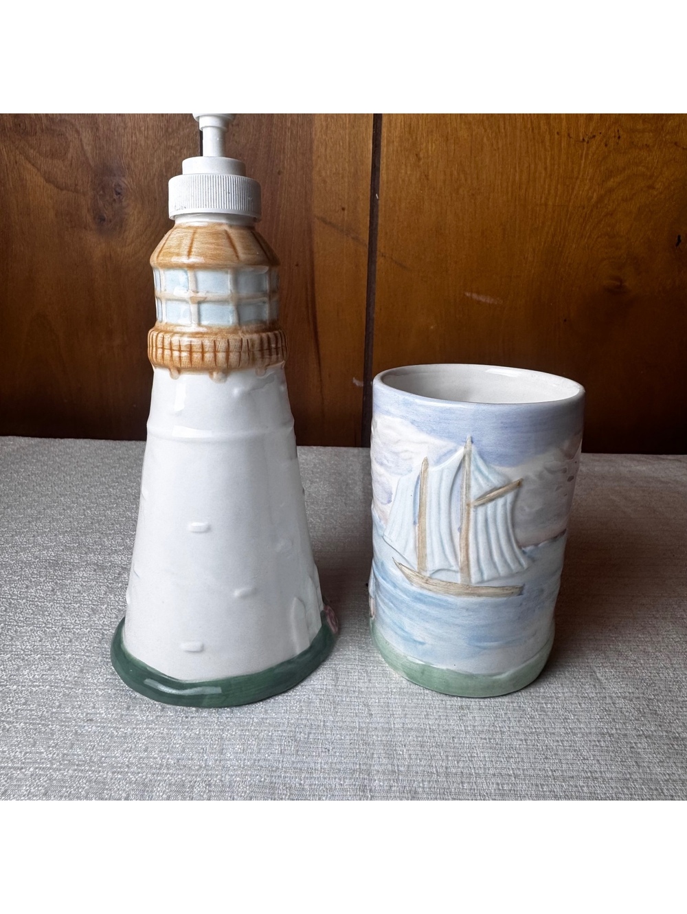 Vintage Ceramic Lighthouse Soap Dispenser And Tumbler Cup Coastal Bathroom Set - Picture 5 of 6